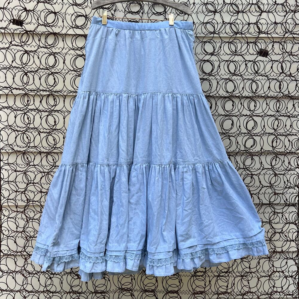 Vintage 70s Handmade Denim Chambray Tiered Ruffle Lace Maxi Prairie Skirt Boho